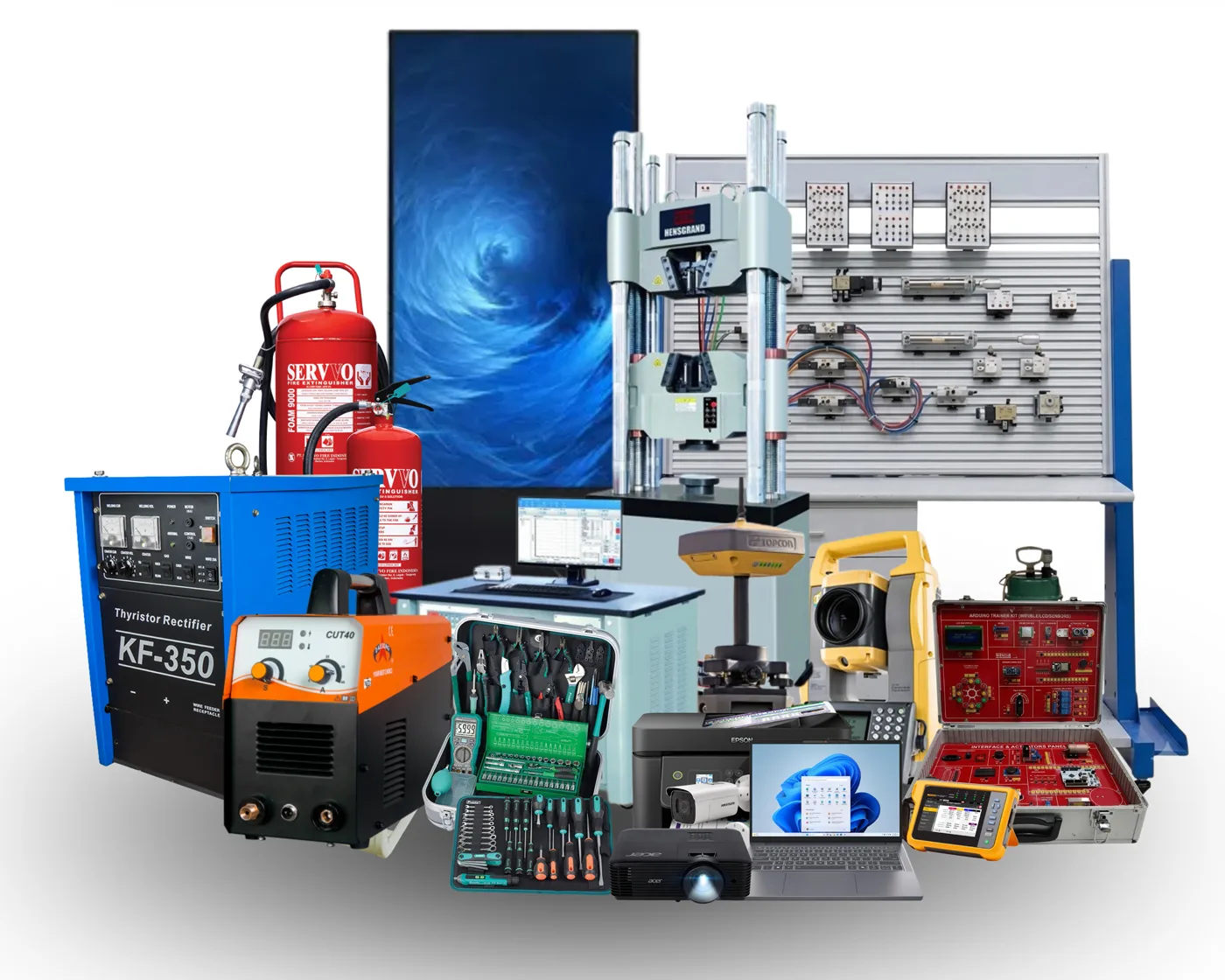 Ragam produk PT Biondi Loka Niaga: peralatan las, pemadam api, alat ukur, trainer kit, dan perangkat elektronik